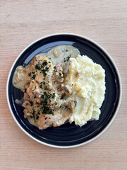 Chicken and creamy mushroom with mash potato.