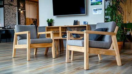 Elegant wooden waiting room with armchairs, a large TV for guest entertainment, and a mobile phone placed on the cushion.