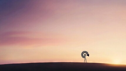   A windmill towers above a hill, framed by a vibrant pink sky above and an enchanting purple sky below