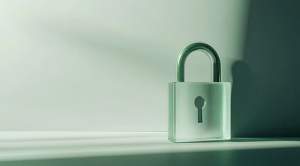 Fototapeta premium a 3 dimensional lock made out of milky, white glass material standing in a flat, light, empty environment, with light green highlights, soft white and highlights with soft green accenses, 