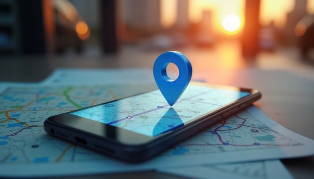 Smartphone with gps navigator app displays location on map. Modern tech for travel planning. Digital route displayed on device screen. Maps overlaid on phone screen. Mobile guide for journeys. User