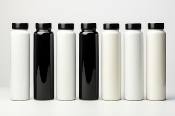 Elegant arrangement of black and white bottles showcases modern design aesthetics