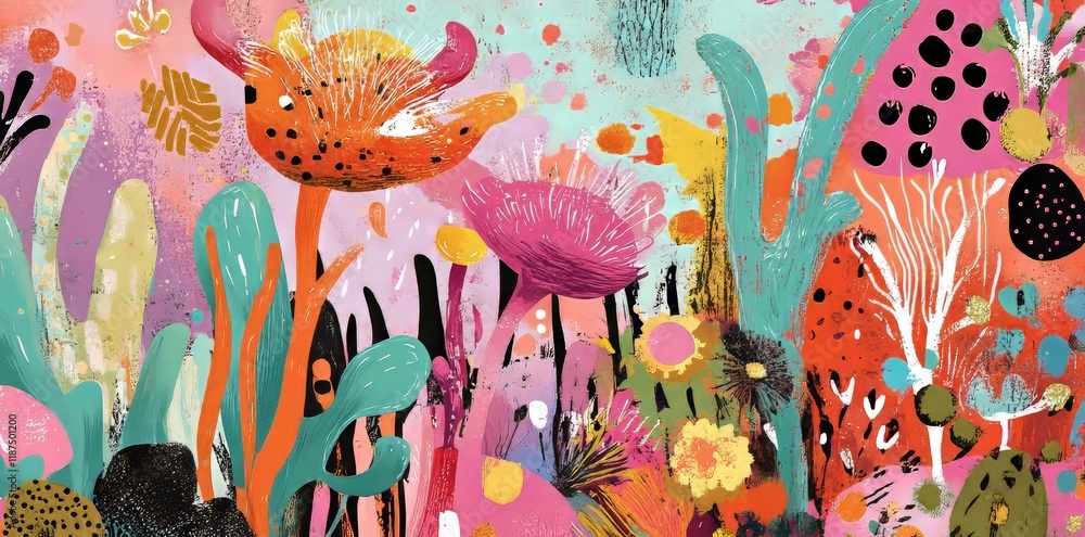 Poster modern design incorporating multicolor abstract forms on a vivid abstract backdrop