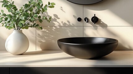Minimalist Bathroom Scene with Black Bowl Sink and White Vase Featuring Green Leaves in Soft Natural Light