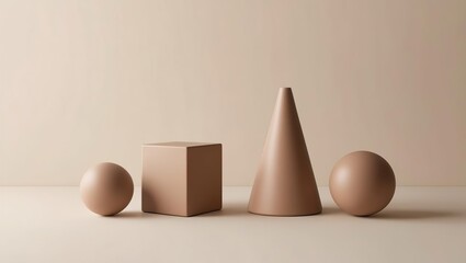 art geometry, Mocha mousse color trend 2025, geometric shapes 3D cone, ball and cube of pastel...