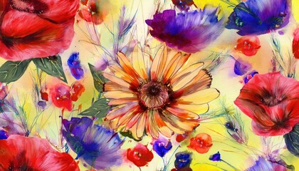 Vibrant Watercolor Floral Pattern with Detailed Blossoms and Soothing Greenery, Embracing a Serene Mood in the Artwork