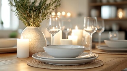 Fototapeta premium Rustic dining room setup, close-up of wooden table with elegant dinnerware, soft candlelight and natural decor