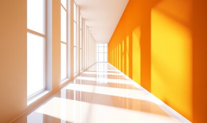Fototapeta premium Modern minimalist hallway with orange wall and bright sunlight