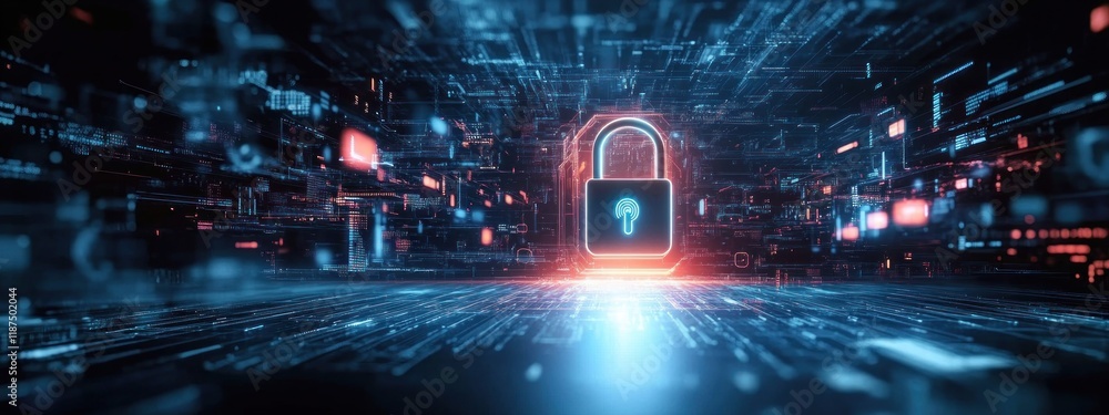 Poster cyber security business data protection with biometric fingerprint access and digital lock in futuri