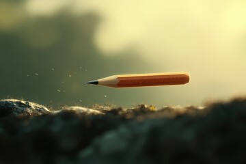 A Pencil Floating In Golden Sunlight Above Ground