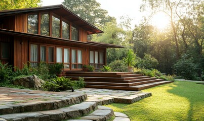 Obraz premium Modern Wooden House With Large Windows And Stone Steps