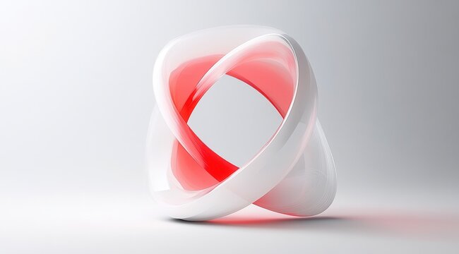 builded by the triangles like the adobe acrobat sign, material is white mate and transparent glass, on light grey background, soft white and highlights with red glow accenses,