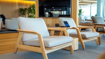 Fototapeta premium Wooden waiting room featuring cozy armchairs, a large TV for guest entertainment, and a mobile phone on the seat.