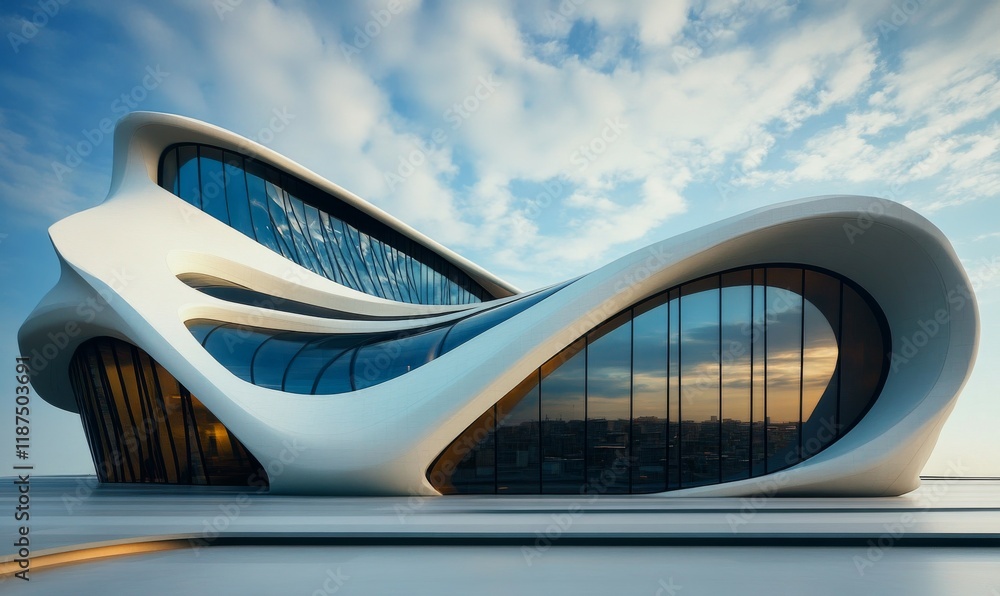 Poster low angle view of futuristic architecture, skyscraper of office building with curve glass window,