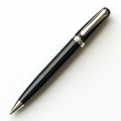 Sleek black pen, silver accents, elegant design, poised on white.