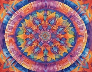 Obraz premium Illusion Liquified designs in op art psychedelic style, squares arranged in a mandala formation, using a rainbow color palette that radiates from the center, enhancing the hypnotic appeal of the image
