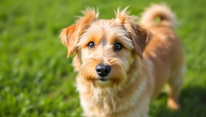 A charming golden-brown terrier with an endearing gaze, radiating innocence and playfulness, perfect for pet adoption campaigns or social media sharing,