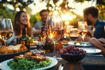 Happy friends gathering for barbecue dinner party in garden enjoying wine and delicious food