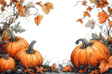 Watercolor Autumn Pumpkins and Falling Leaves Border Illustration with Copy Space