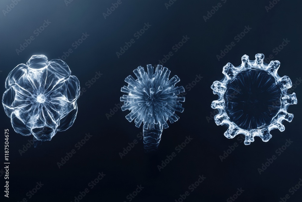Poster progression of virus forms showcasing evolution from basic structure to complex structure. generativ