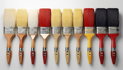 High Quality Set of Paint Bristle Brushes for Various Construction and Repair Tasks, Arranged on a White Surface for CloseUp Shot