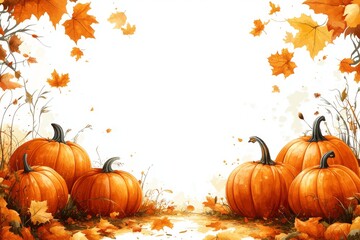 Watercolor Autumn Harvest Scene with Pumpkins and Falling Maple Leaves