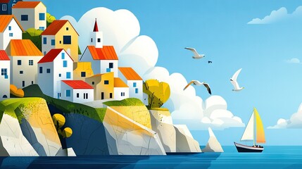 Fototapeta premium A village on a cliff, painting, sailboat, water, seagulls flying
