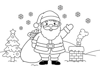[Santa Claus] “A black and white coloring book style illustration for kids is a simple coloring page