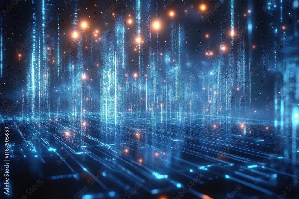 Aufkleber futuristic digital landscape with cloud computing transfer of big data in cybersecurity and ai