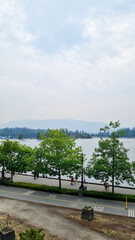 This image shows a view over Victoria Harbor, Vancouver Island, with majestic mountains in the distance and a passing airplane. The serene landscape evokes a sense of tranquility and natural beauty.