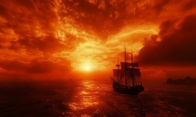 Fototapeta premium Navigating Through a Red and Orange Sunset Sky