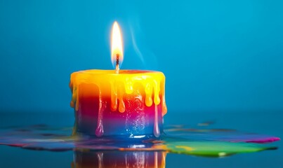 Melted Rainbow Candle with Flame on Blue Background