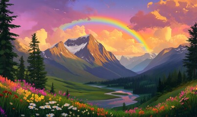 Majestic Mountain Landscape with Rainbow and Wildflowers