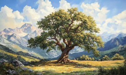 Obraz premium Majestic Oak Tree in a Sunny Mountain Meadow