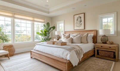 Fototapeta premium Neutral color palette bedroom with wooden platform bed, wooden, neutral, white