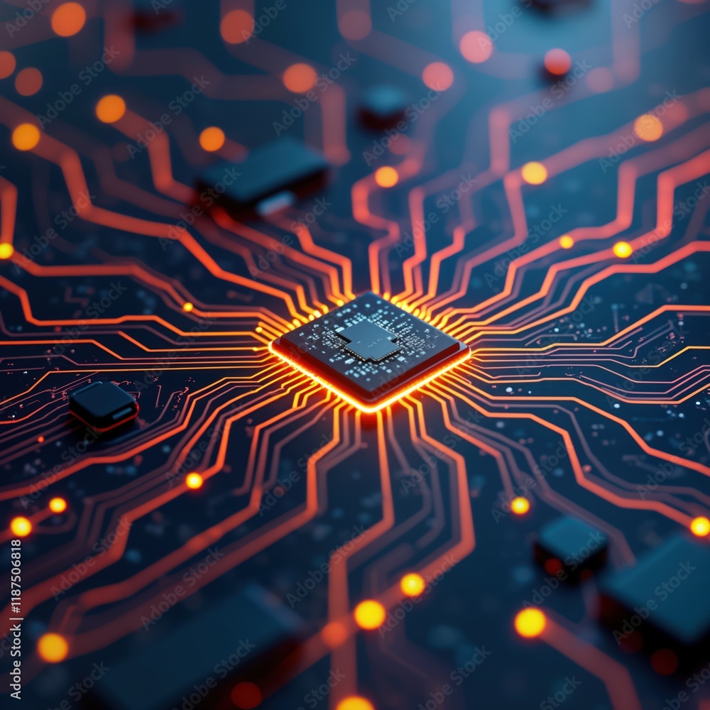 Poster Futuristic central processing unit glows brightly. Complex circuit board design with glowing orange lines, details. Advanced tech, innovation. Modern computer chips. High-tech design. Abstract