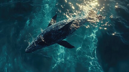 Naklejka premium A blue whale swimming near the ocean's surface, with sunlight reflecting off the water.