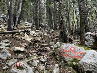 Mountaineering signs and climbing markings in the area of ​​the Northern Velebit National Park,...