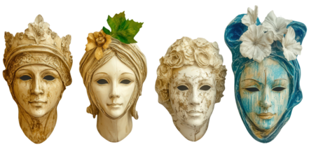 four vintage masks,  isolated, transparent, png, background