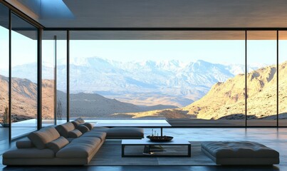 Fototapeta premium Modern Desert Home Living Room With Mountain View
