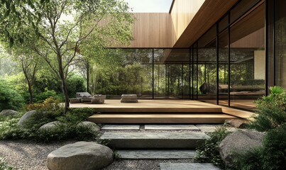 Modern Wooden House With Large Windows And Stone Steps