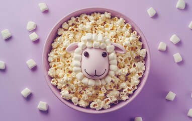 Obraz premium A bowl of popcorn styled as a sheep, with marshmallows for a fluffy face and raisin eyes on a pastel lavender background