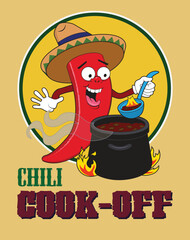 A cartoon chili pepper enjoys some chili.