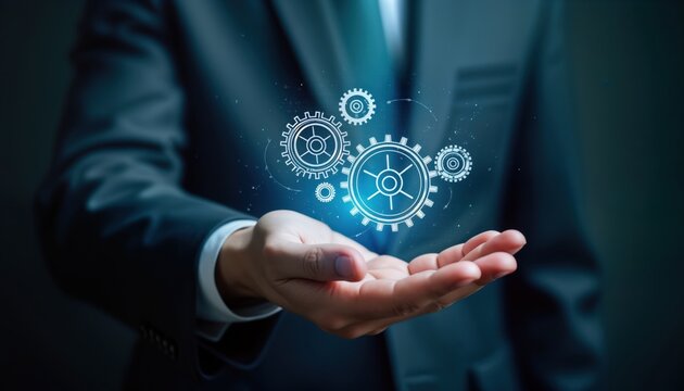 Business person displays tech system concept. Hands hold digital gears. Shows efficient process. Modern business operation in progress. Improvement strategy, growth. Tech innovation for better