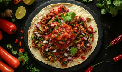 Overhead shot of a taco al pastor with a giant squeezy kiss of salsa on top, flavorful, toppings