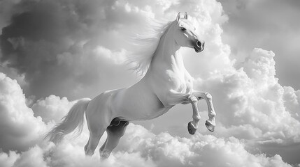 Majestic white horse rearing in dramatic cloudscape.