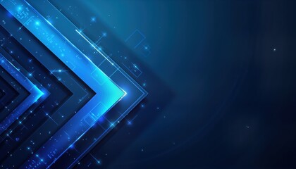 Futuristic abstract design. Blue gradient geometric background. Arrows, crystal facets create tech concept. Neon light effect. Stylish abstract template. Modern graphic design. Suitable for