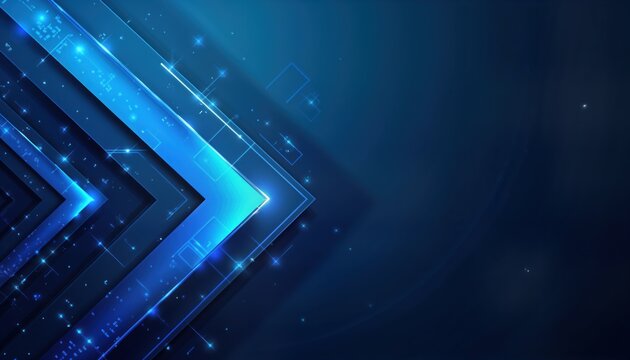 Futuristic abstract design. Blue gradient geometric background. Arrows, crystal facets create tech concept. Neon light effect. Stylish abstract template. Modern graphic design. Suitable for