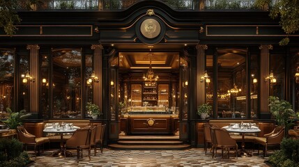 Fototapeta premium Elegant restaurant exterior with patio seating, dark wood accents, and large windows.