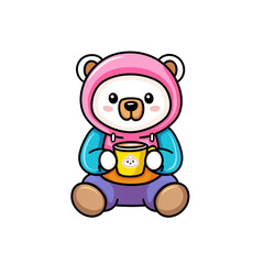 Naklejka premium Cute Bear Character with a Warm Drink in Hand